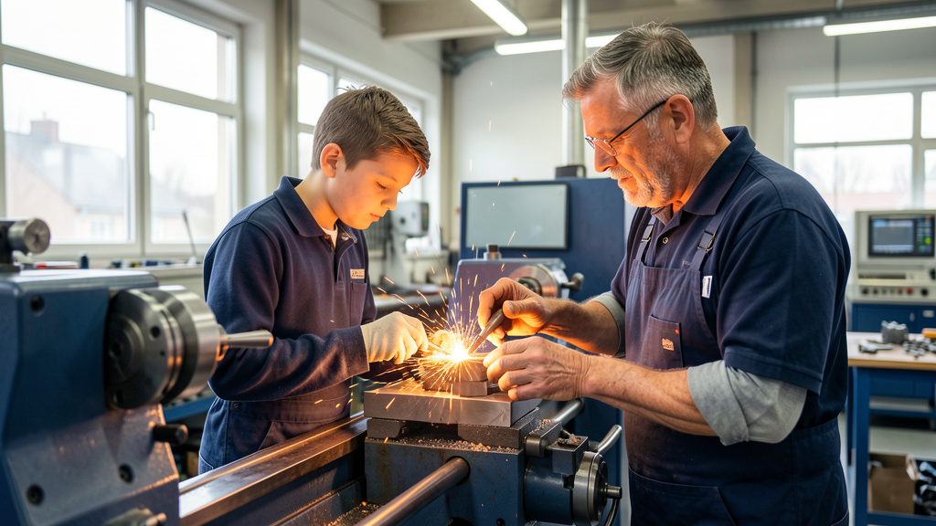 Ausbildung bei FHM Parts – Azubi und Ausbilder an der CNC-Maschine